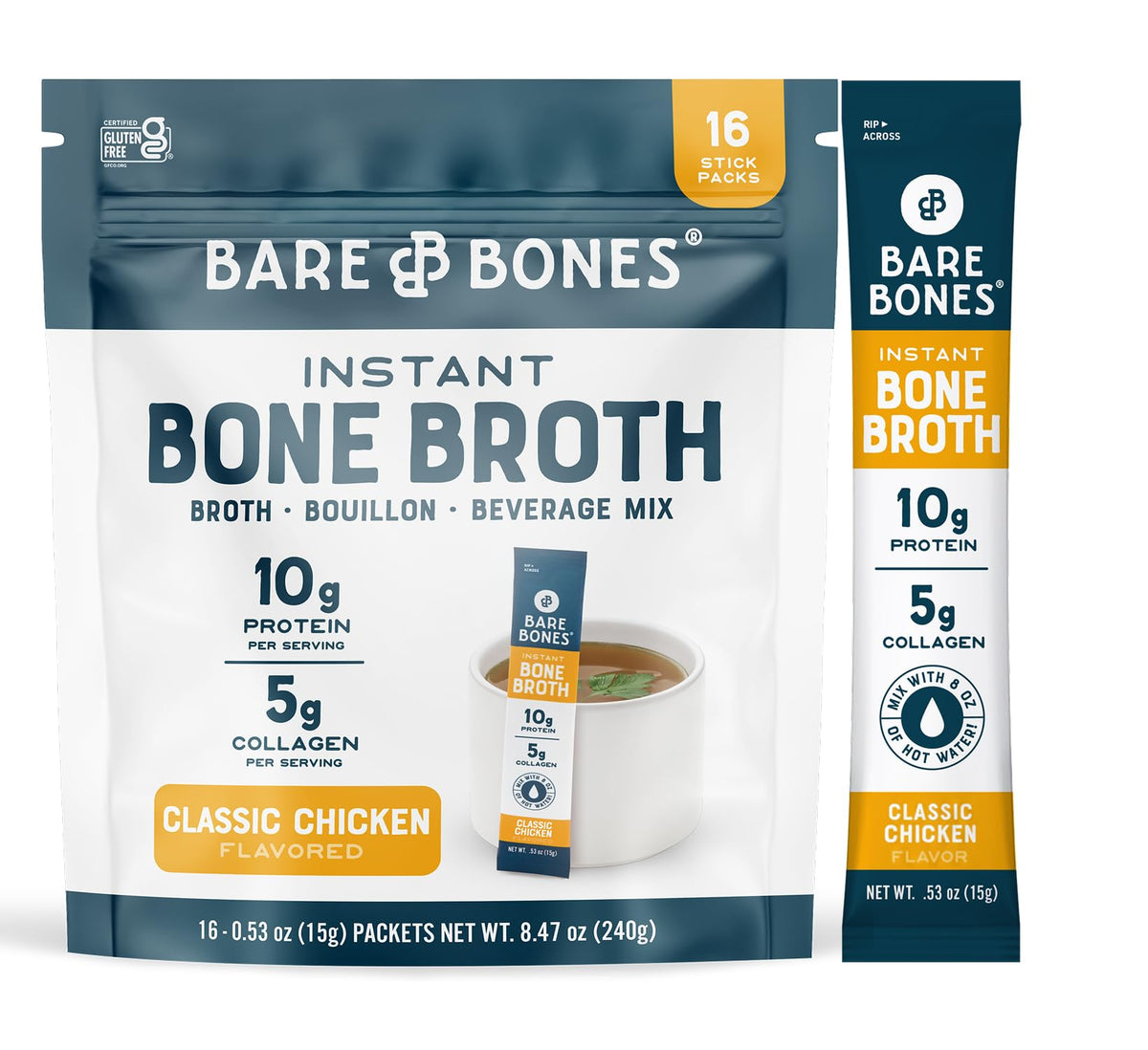 Bare Bones Classic Chicken Bone Broth Powder Packets – 5g Collagen, 10g Protein | Keto & Paleo Friendly | Non-GMO, Gluten-Free, Dairy-Free, On-the-Go 16-Pack