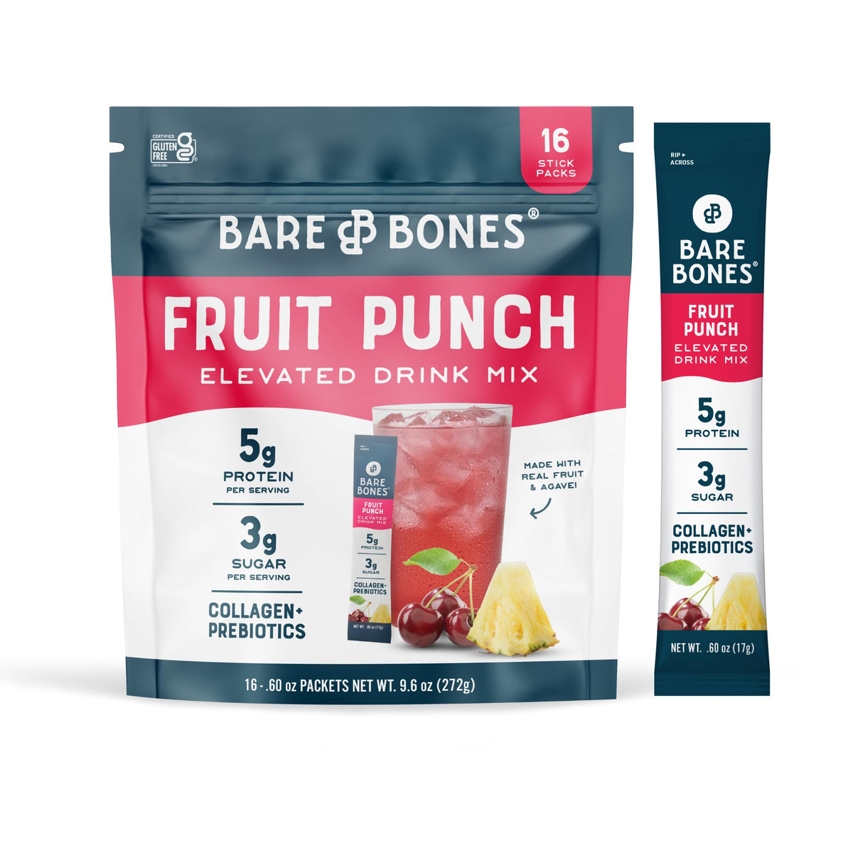 Bare Bones Fruit Punch Elevated Drink Mix – 5g Protein, Collagen & Prebiotics, On-the-Go Sticks (16 Pack)
