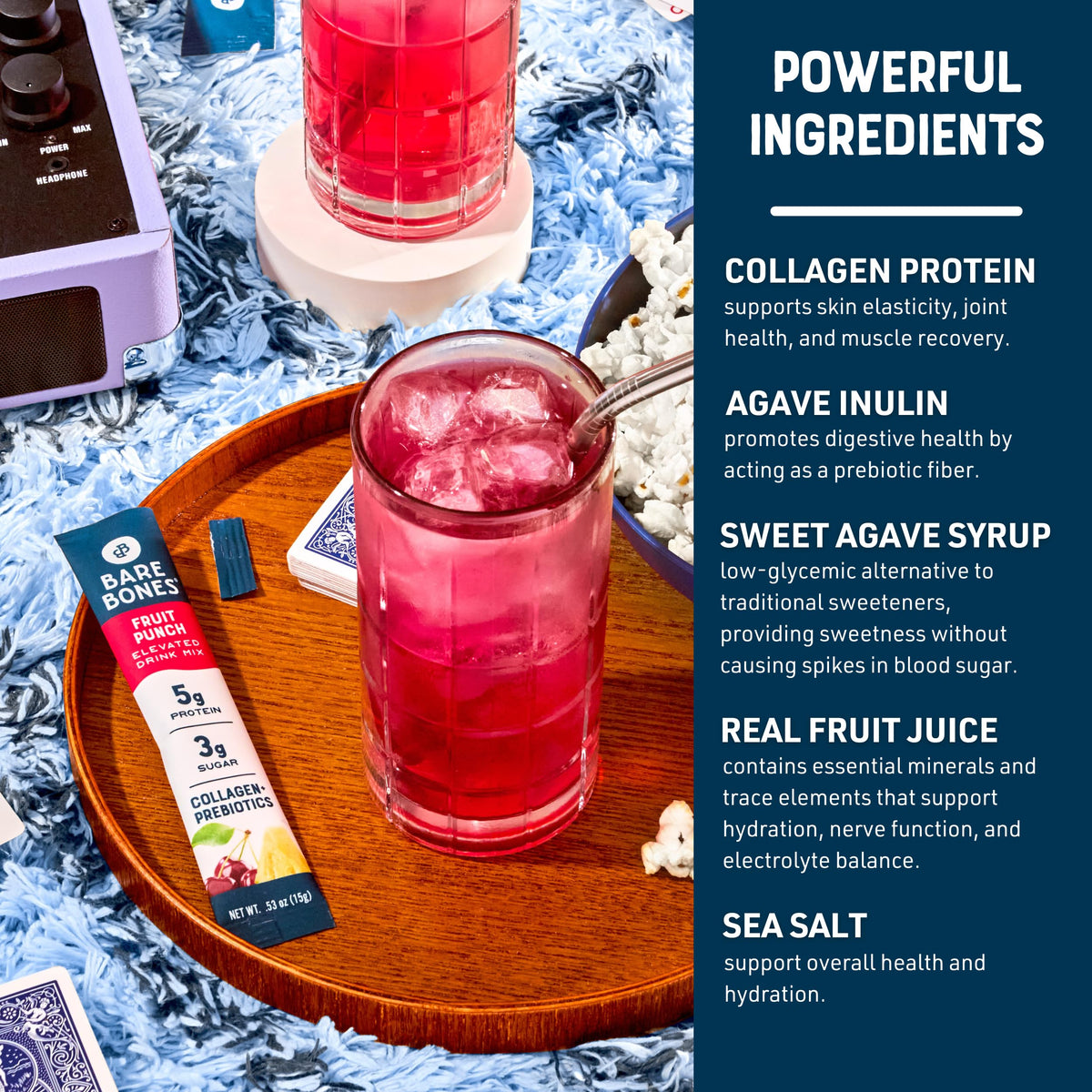 Bare Bones Fruit Punch Elevated Drink Mix – 5g Protein, Collagen & Prebiotics, On-the-Go Sticks (16 Pack)