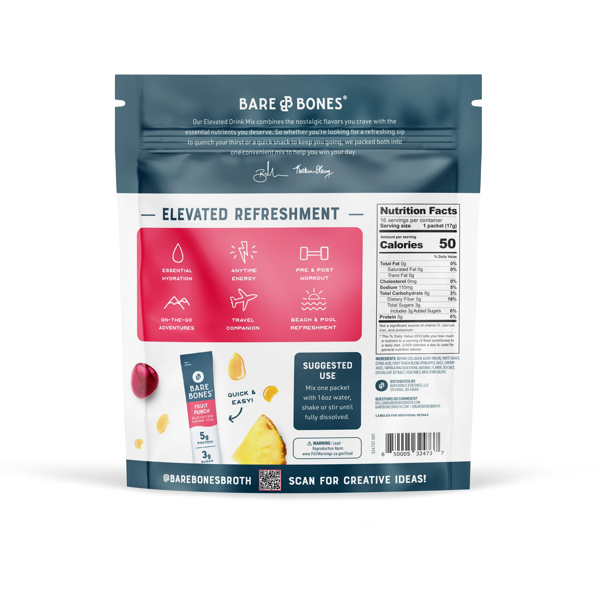 Bare Bones Fruit Punch Elevated Drink Mix – 5g Protein, Collagen & Prebiotics, On-the-Go Sticks (16 Pack)