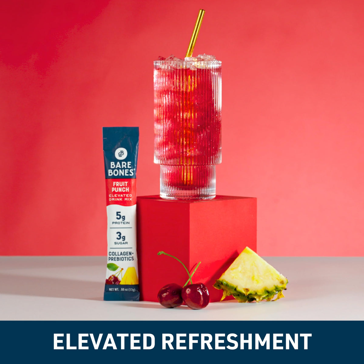 Bare Bones Fruit Punch Elevated Drink Mix – 5g Protein, Collagen & Prebiotics, On-the-Go Sticks (16 Pack)