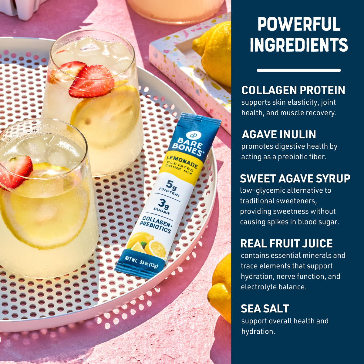 Bare Bones Lemonade Elevated Drink Mix - Light, Flavorful & Gluten-Free | Naturally Sweetened, On-the-Go Sticks, 16 Packets, 5g Protein