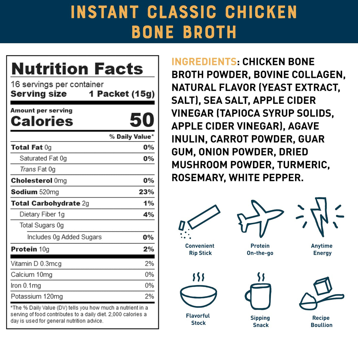 Bare Bones Classic Chicken Bone Broth Powder Packets – 5g Collagen, 10g Protein | Keto & Paleo Friendly | Non-GMO, Gluten-Free, Dairy-Free, On-the-Go 16-Pack