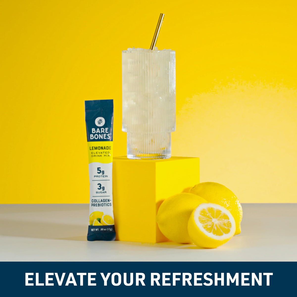 Bare Bones Lemonade Elevated Drink Mix - Light, Flavorful & Gluten-Free | Naturally Sweetened, On-the-Go Sticks, 16 Packets, 5g Protein