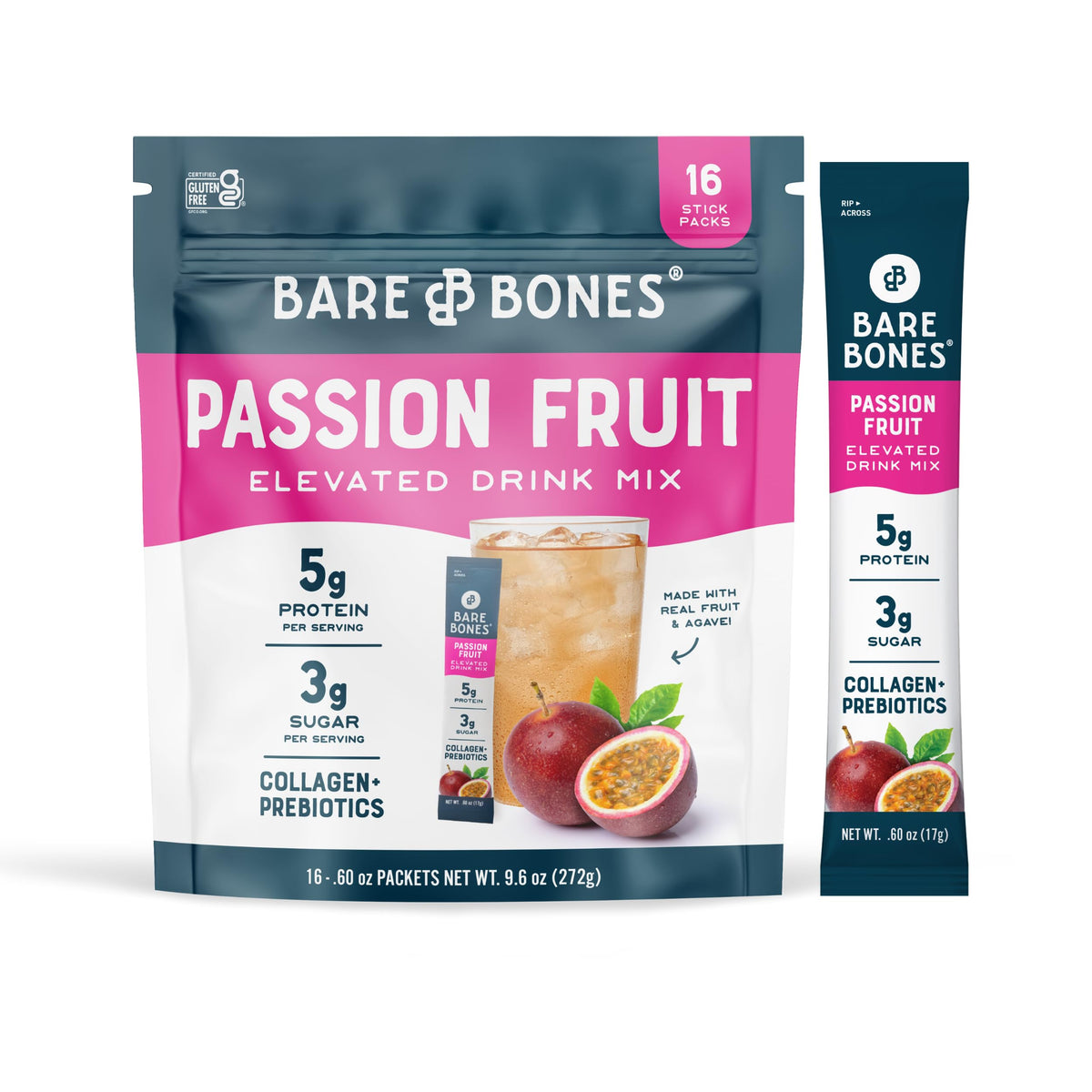 Bare Bones Passion Fruit Elevated Drink Mix – 5g Protein, Light & Gluten-Free
