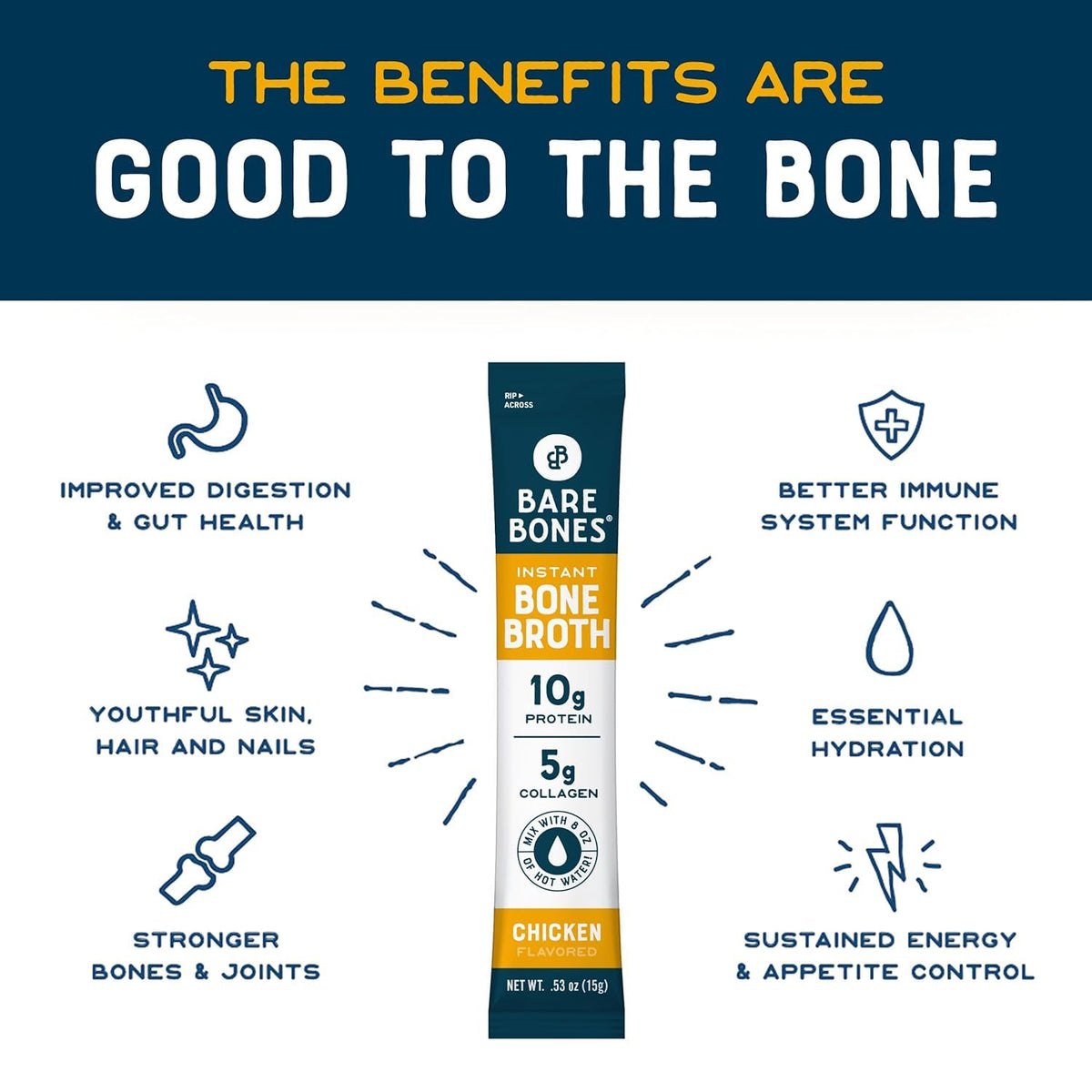 Bare Bones Classic Chicken Bone Broth Powder Packets – 5g Collagen, 10g Protein | Keto & Paleo Friendly | Non-GMO, Gluten-Free, Dairy-Free, On-the-Go 16-Pack
