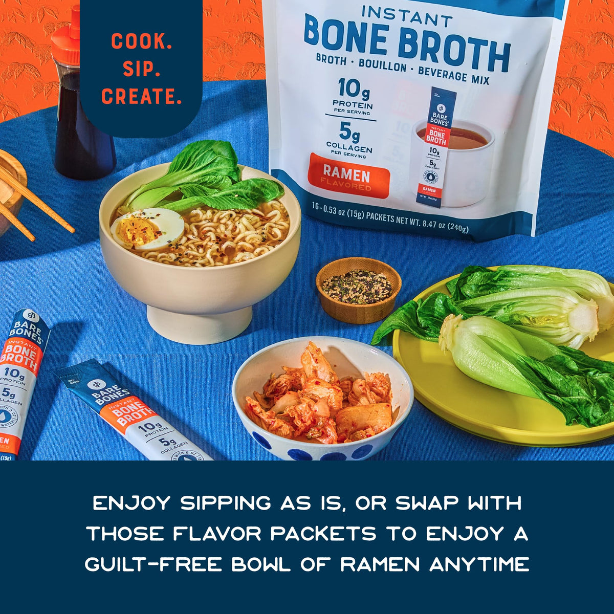 Bare Bones Ramen Bone Broth Instant Packets — 5g Collagen, 10g Protein, Keto & Paleo