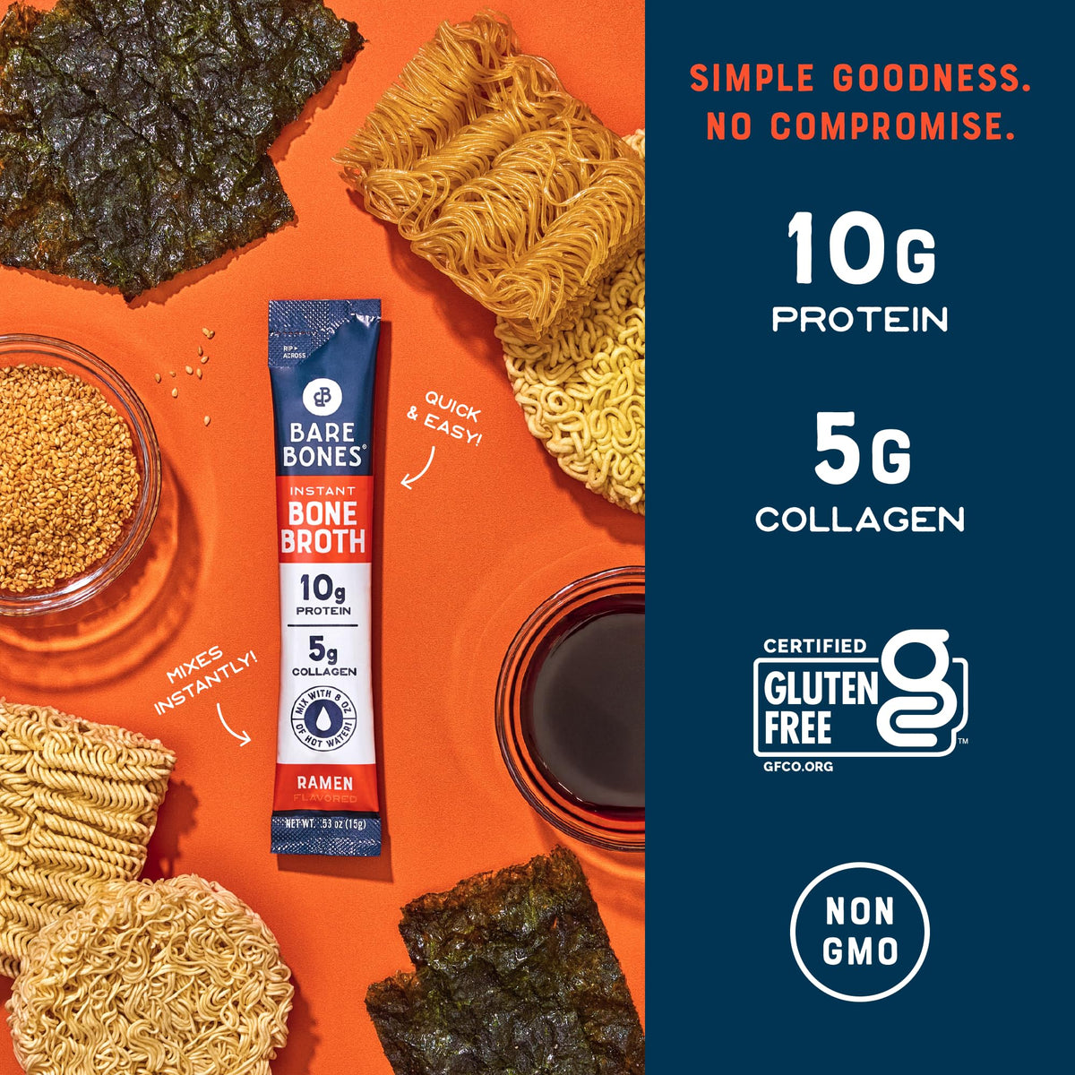 Bare Bones Ramen Bone Broth Instant Packets — 5g Collagen, 10g Protein, Keto & Paleo