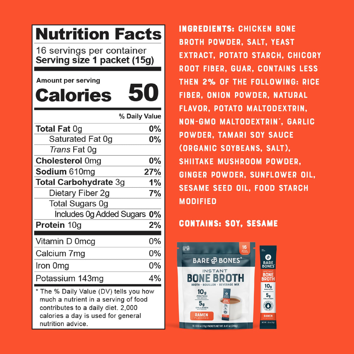 Bare Bones Ramen Bone Broth Instant Packets — 5g Collagen, 10g Protein, Keto & Paleo