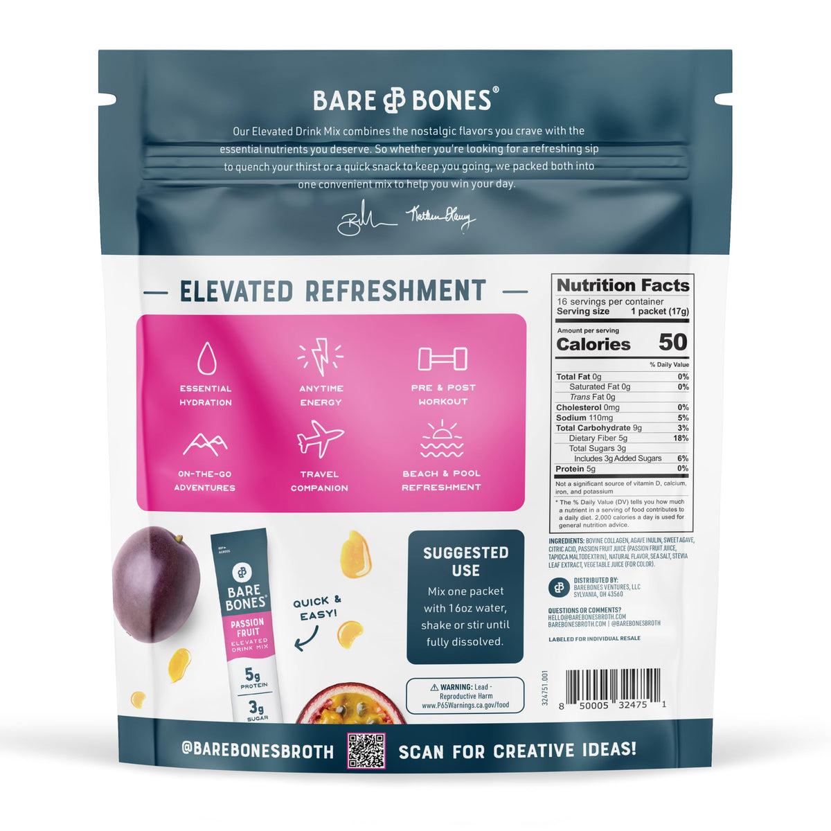 Bare Bones Passion Fruit Elevated Drink Mix – 5g Protein, Light & Gluten-Free