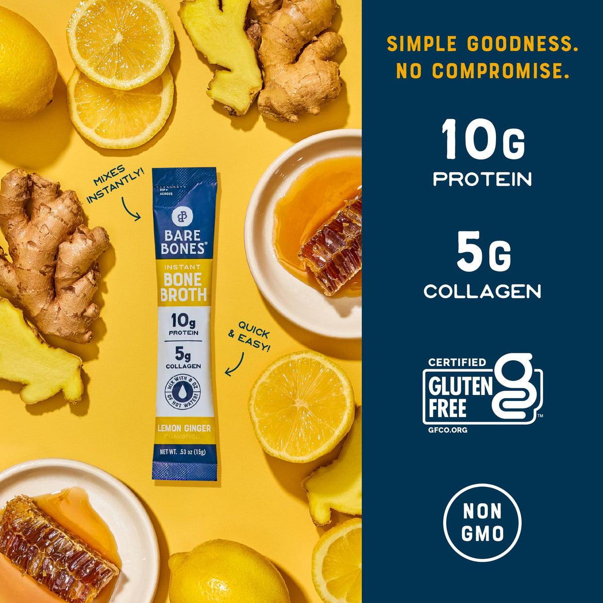 Bare Bones Lemon Ginger Bone Broth Instant Packets – 5g Collagen, 10g Protein, Keto & Paleo | No Artificial Flavors | 16 Pack