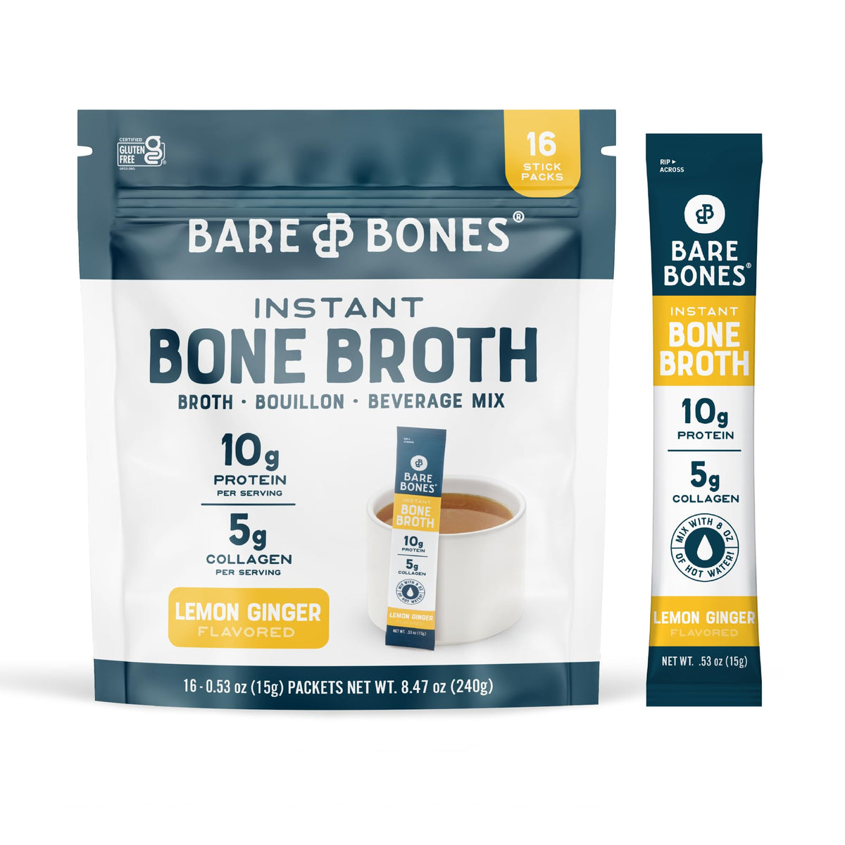 Bare Bones Lemon Ginger Bone Broth Instant Packets – 5g Collagen, 10g Protein, Keto & Paleo | No Artificial Flavors | 16 Pack
