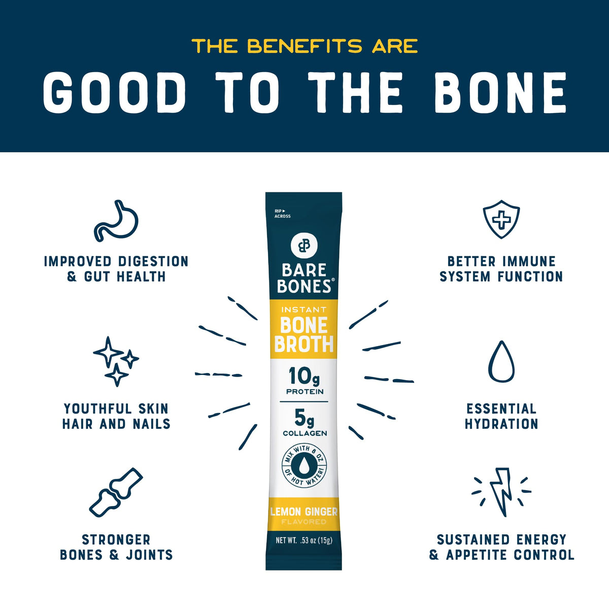 Bare Bones Lemon Ginger Bone Broth Instant Packets – 5g Collagen, 10g Protein, Keto & Paleo | No Artificial Flavors | 16 Pack