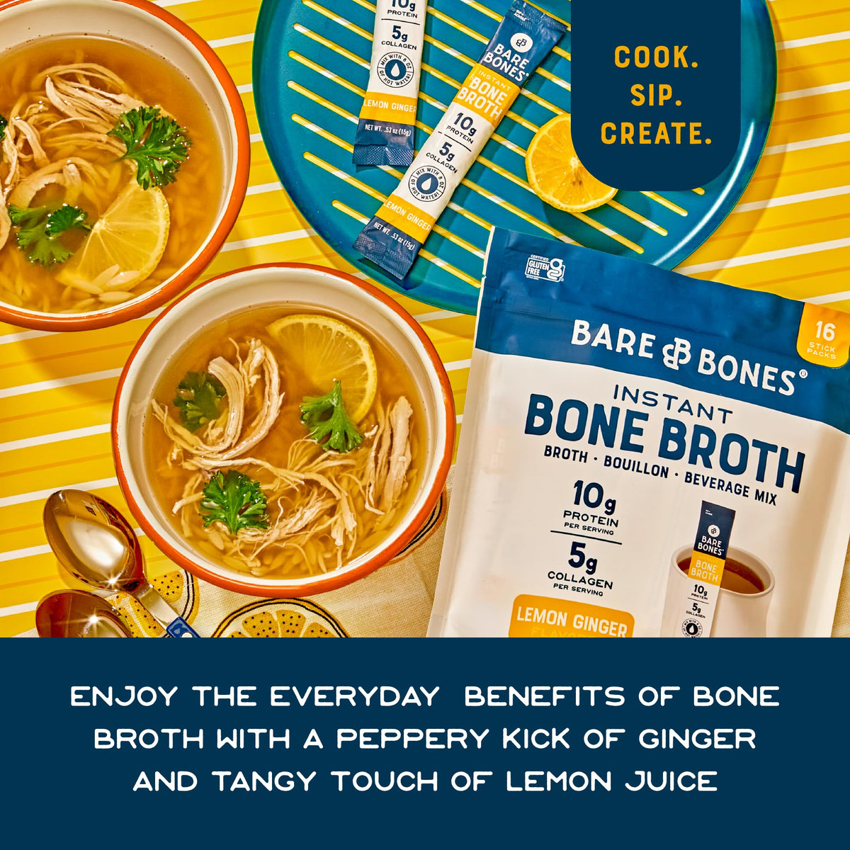 Bare Bones Lemon Ginger Bone Broth Instant Packets – 5g Collagen, 10g Protein, Keto & Paleo | No Artificial Flavors | 16 Pack