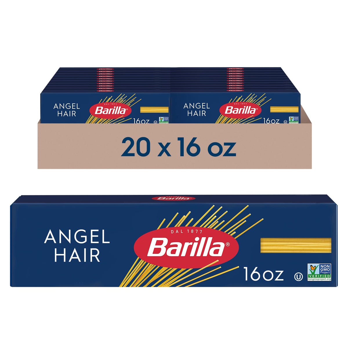 Barilla Angel Hair Pasta, 16 oz Box (Pack of 20) – Non-GMO, Durum Wheat Semolina, Kosher Certified
