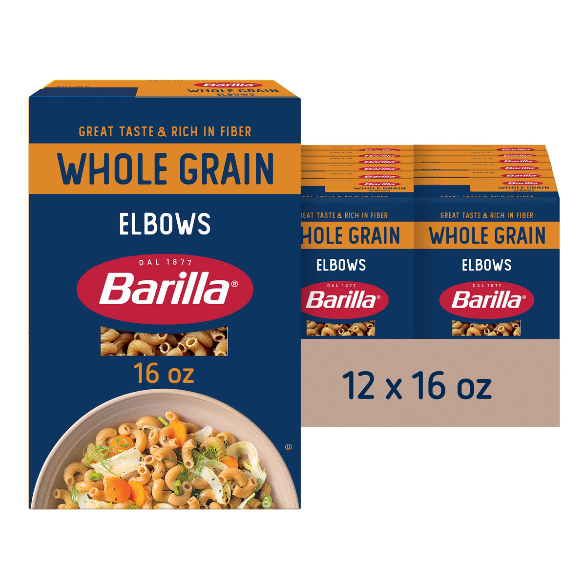 Barilla Whole Grain Pasta Elbows (Pack of 12) – Non-GMO, 100% Whole Grain Durum Wheat, 3g Fiber/Serving