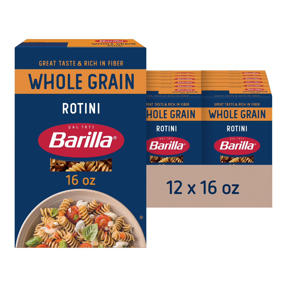 Barilla Whole Grain Rotini Pasta | 16 oz Box (Pack of 12) – 100% Whole Grain Durum, Non-GMO, High Fiber