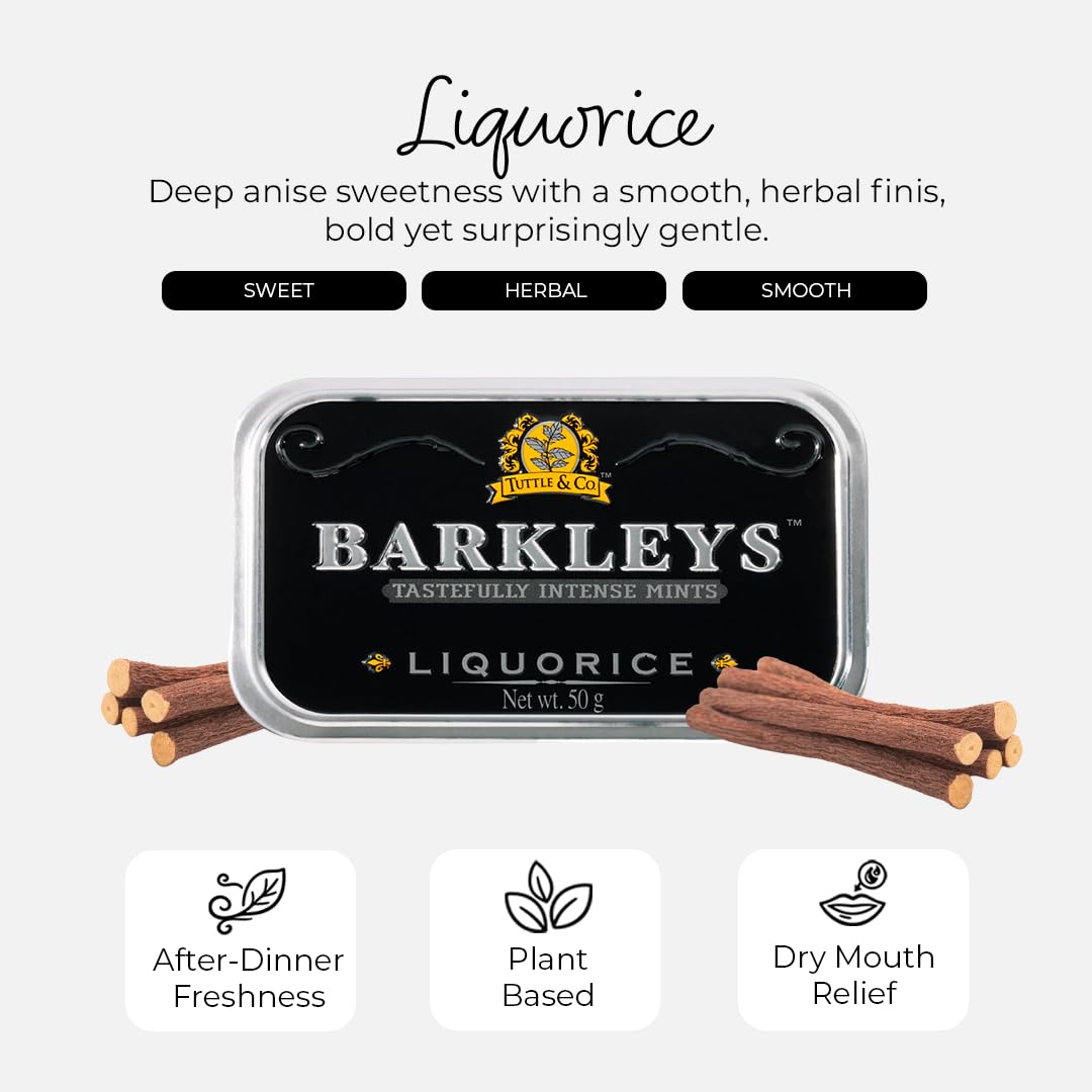 Barkleys Liquorice Breath Mints - Strong Licorice Mint, Vegan, Reusable Tin (6 Pack)