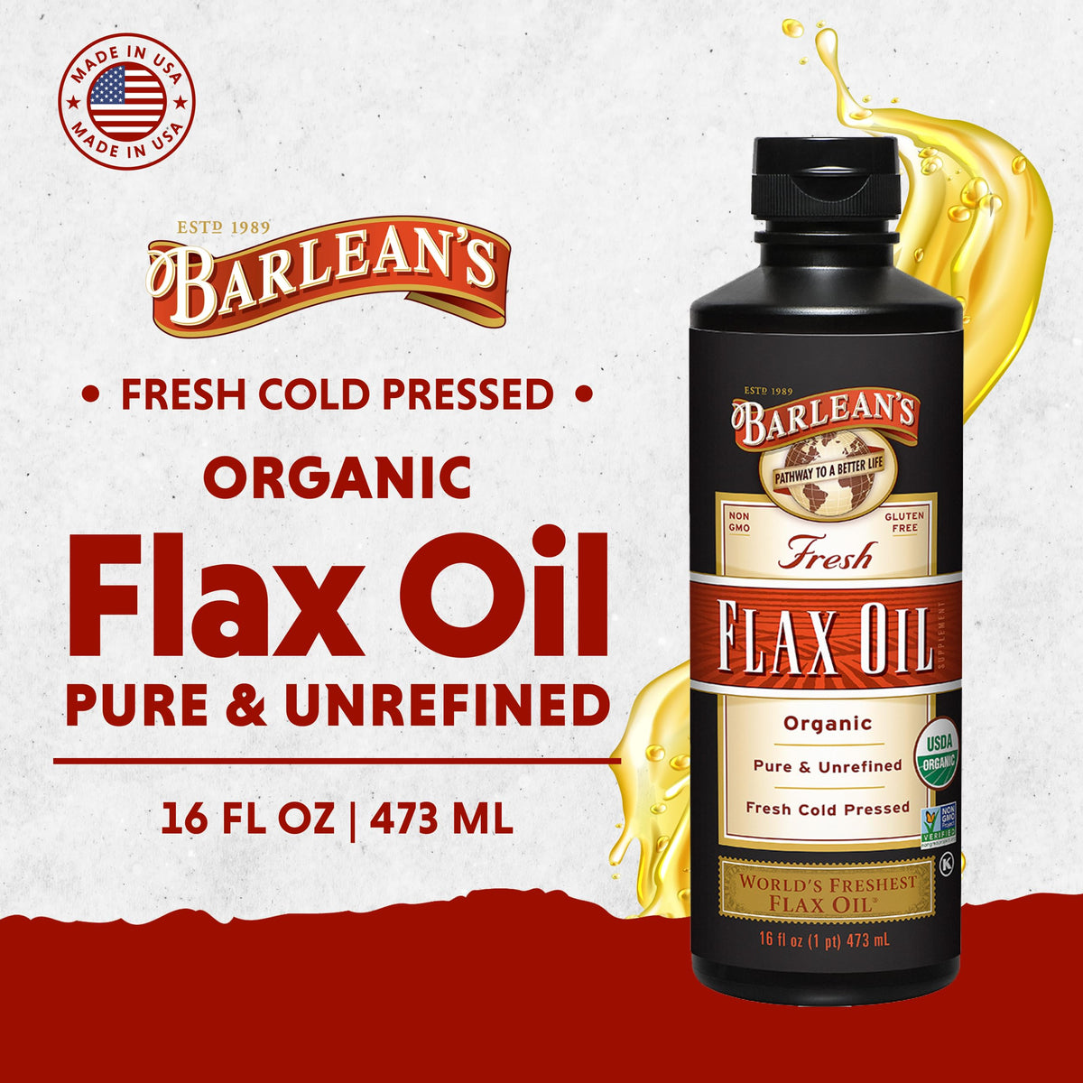 Barlean's Organic Flaxseed Oil Liquid — Cold-Pressed, 7,640 mg ALA Omega-3, Vegan & Gluten Free, 16 oz