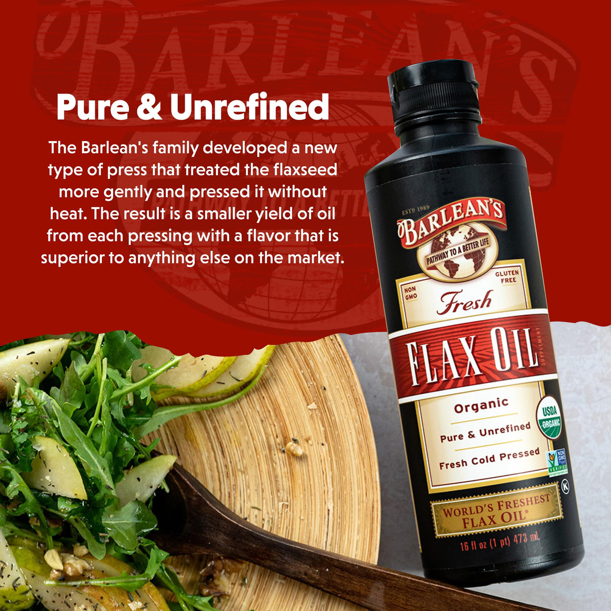 Barlean's Organic Flaxseed Oil Liquid — Cold-Pressed, 7,640 mg ALA Omega-3, Vegan & Gluten Free, 16 oz