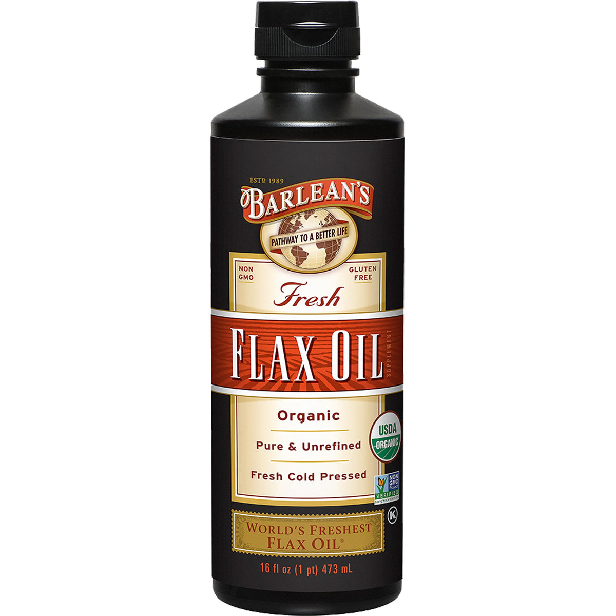 Barlean's Organic Flaxseed Oil Liquid — Cold-Pressed, 7,640 mg ALA Omega-3, Vegan & Gluten Free, 16 oz