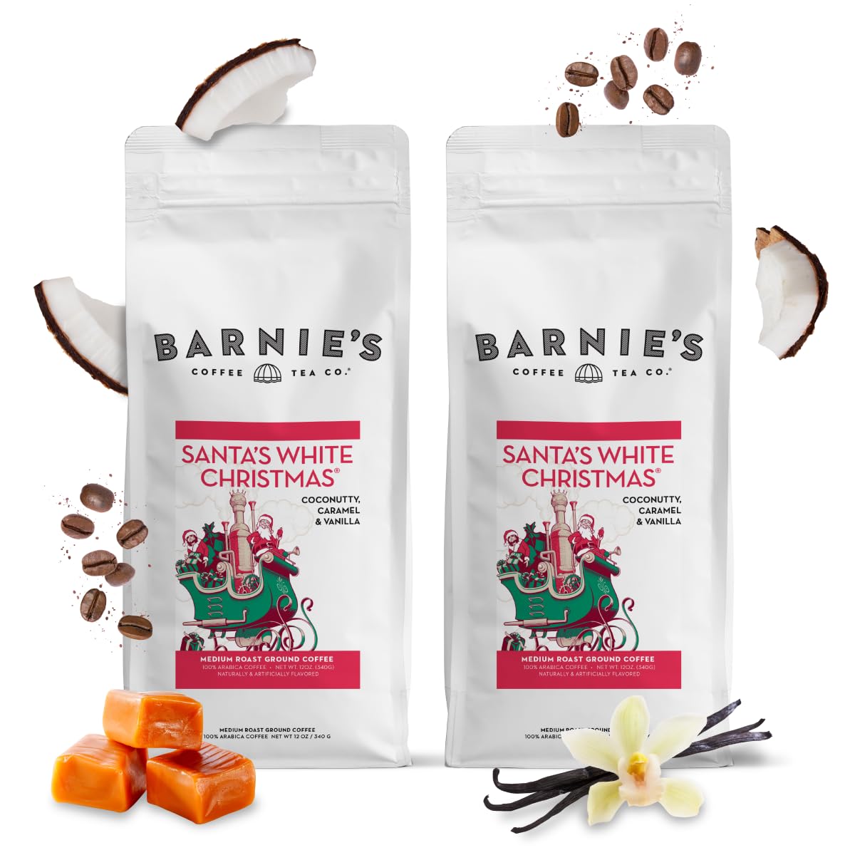 Barnie's Santa's White Christmas Ground Coffee — Coconut, Caramel & Vanilla, Medium Roast (12 oz) | Pack of 2