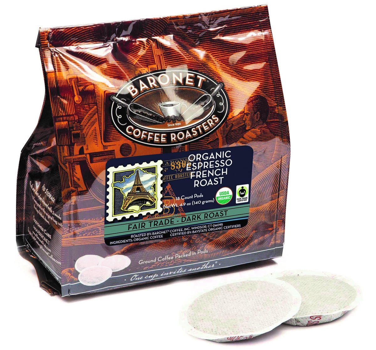 Baronet Coffee Pods Organic Espresso French Roast – 54 Pods, Senseo Compatible