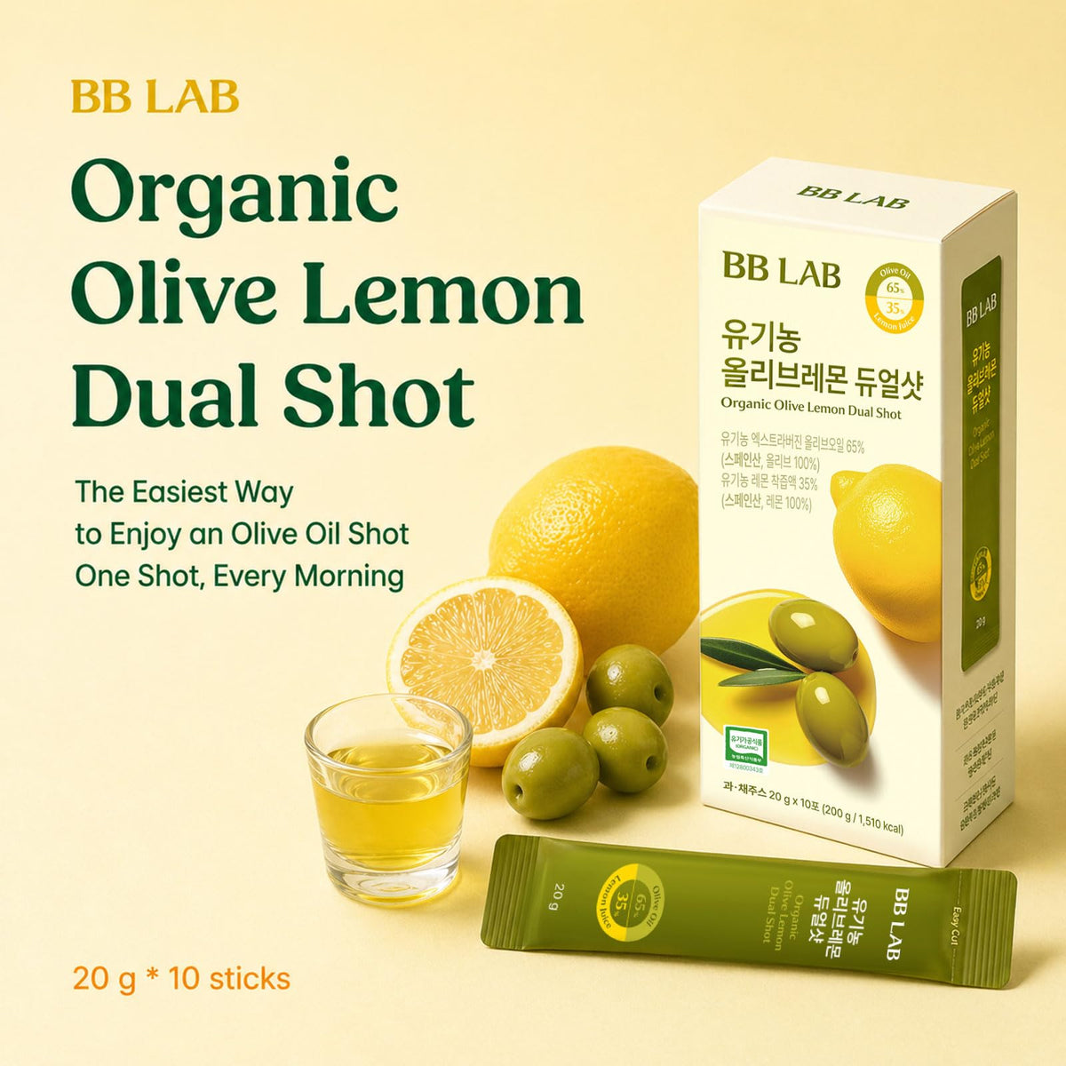BB LAB Organic Olive Lemon Dual Shot – 65:35 EVOO & NFC Lemon Juice, Picual Olive Oil, 20g x 10 Sticks