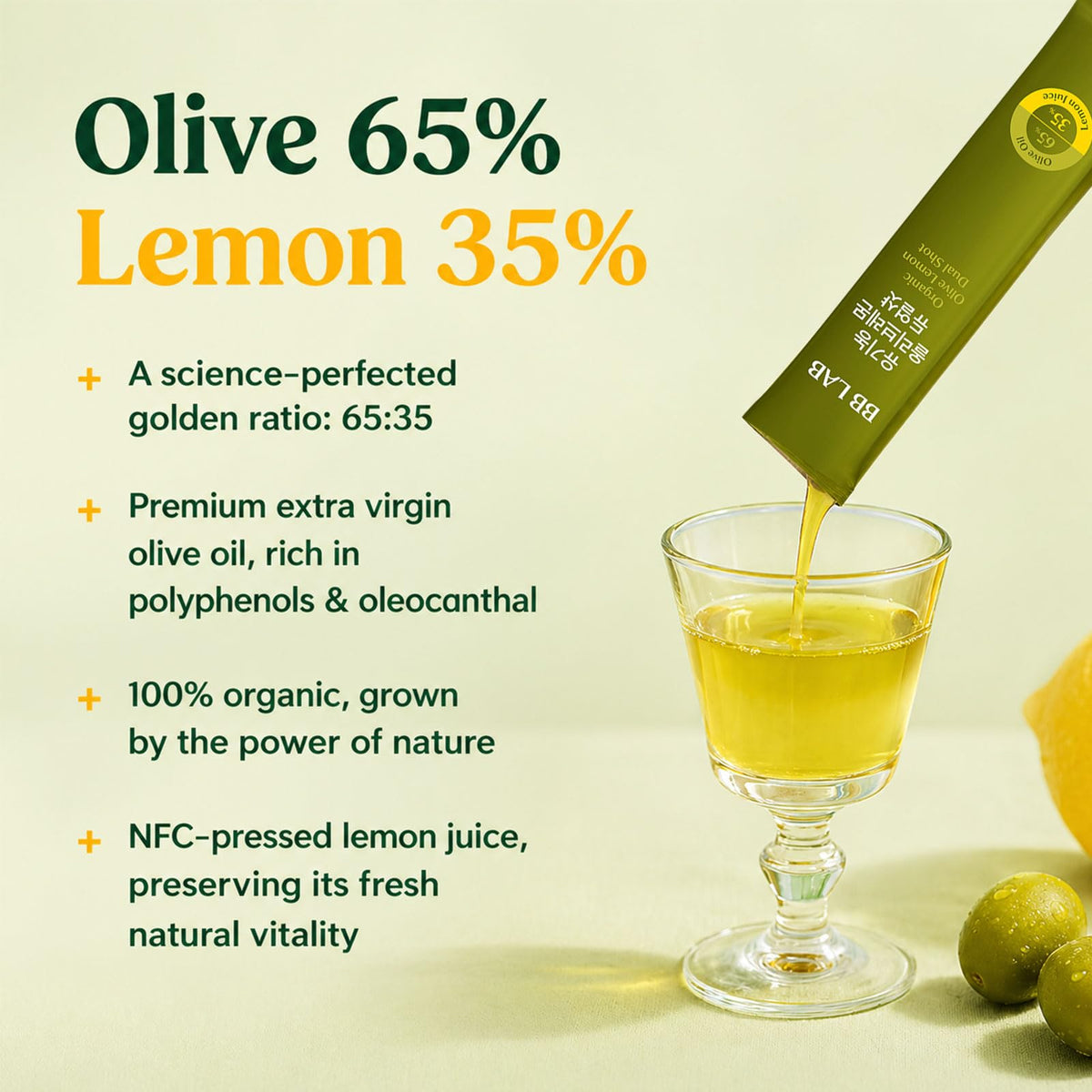 BB LAB Organic Olive Lemon Dual Shot – 65:35 EVOO & NFC Lemon Juice, Picual Olive Oil, 20g x 10 Sticks