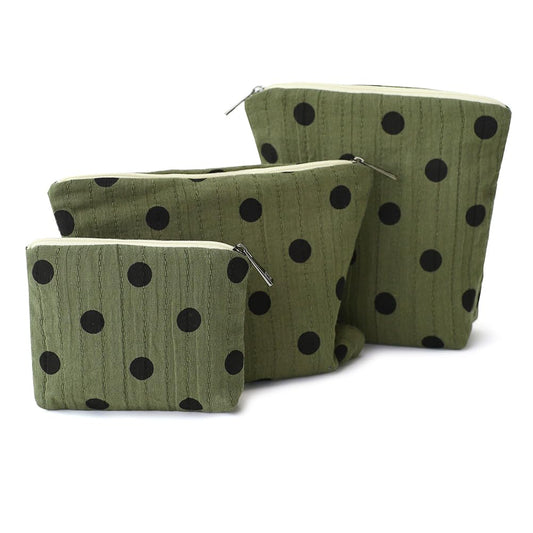 BBORGDC Small Cosmetic Bag Set of 3 for Purse, Dark Green Polka Dot Cotton Makeup Pouch Set, 3 Sizes Zipper Organizer for Travel & Toiletries, Gift for Her Birthday, Bridesmaid & Best Friend