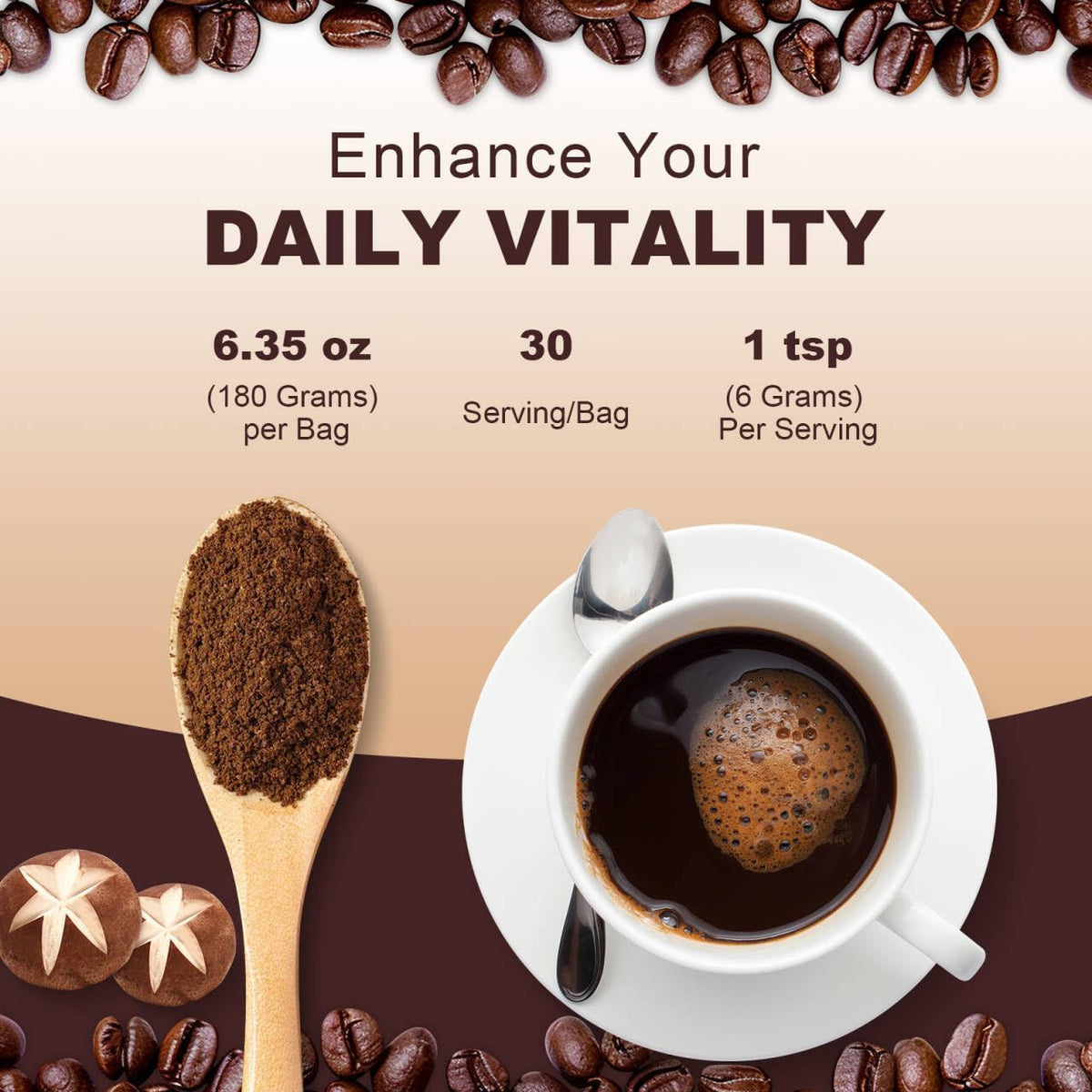 Bcuelov Mushroom Coffee - Instant 6 Adaptogenic Mushrooms for Energy, Focus & Mood (30 Servings)