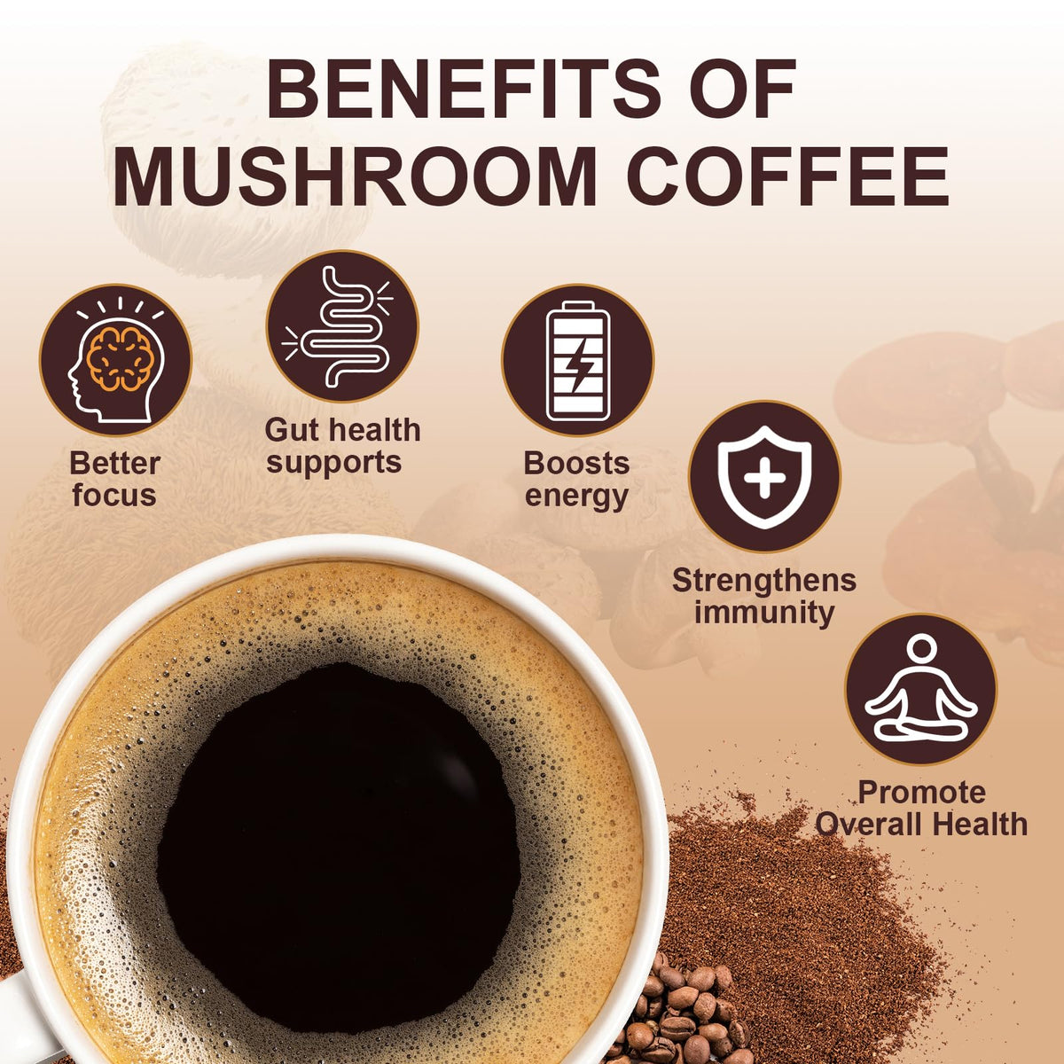 Bcuelov Mushroom Coffee - Instant 6 Adaptogenic Mushrooms for Energy, Focus & Mood (30 Servings)