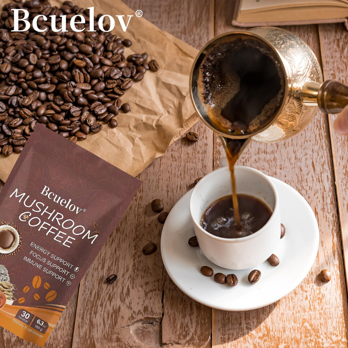 Bcuelov Mushroom Coffee - Instant 6 Adaptogenic Mushrooms for Energy, Focus & Mood (30 Servings)