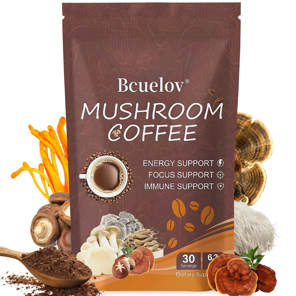 Bcuelov Mushroom Coffee - Instant 6 Adaptogenic Mushrooms for Energy, Focus & Mood (30 Servings)