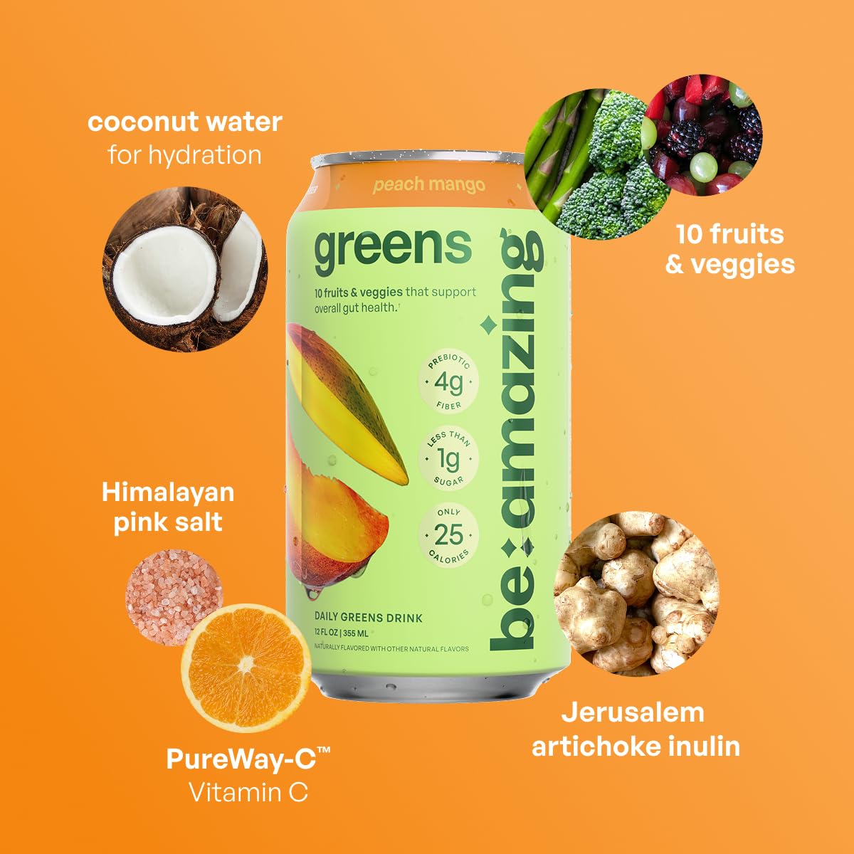 Be Amazing Greens Peach Mango Ready-to-Drink — 10 Organic Fruits & Vegetables, 25 Calories, Low Sugar, Vegan, On-the-Go