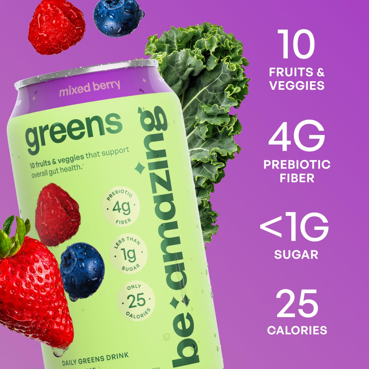 Be Amazing Greens Drink – Mixed Berry RTD, 10 Organic Fruits & Veg, 25 Calories