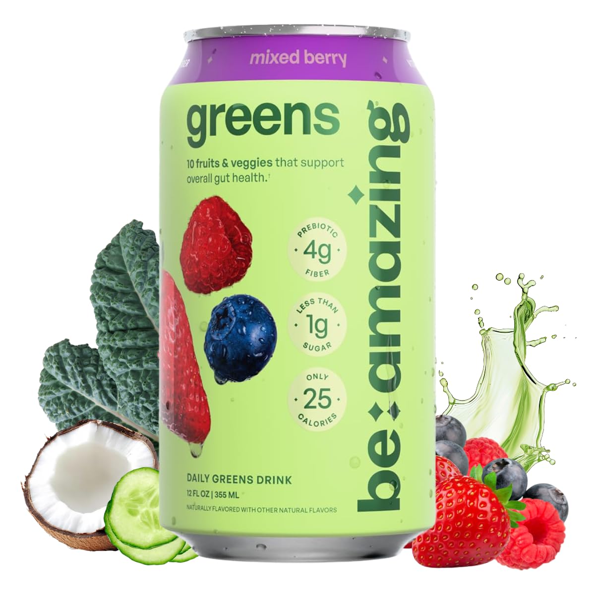 Be Amazing Greens Drink – Mixed Berry RTD, 10 Organic Fruits & Veg, 25 Calories