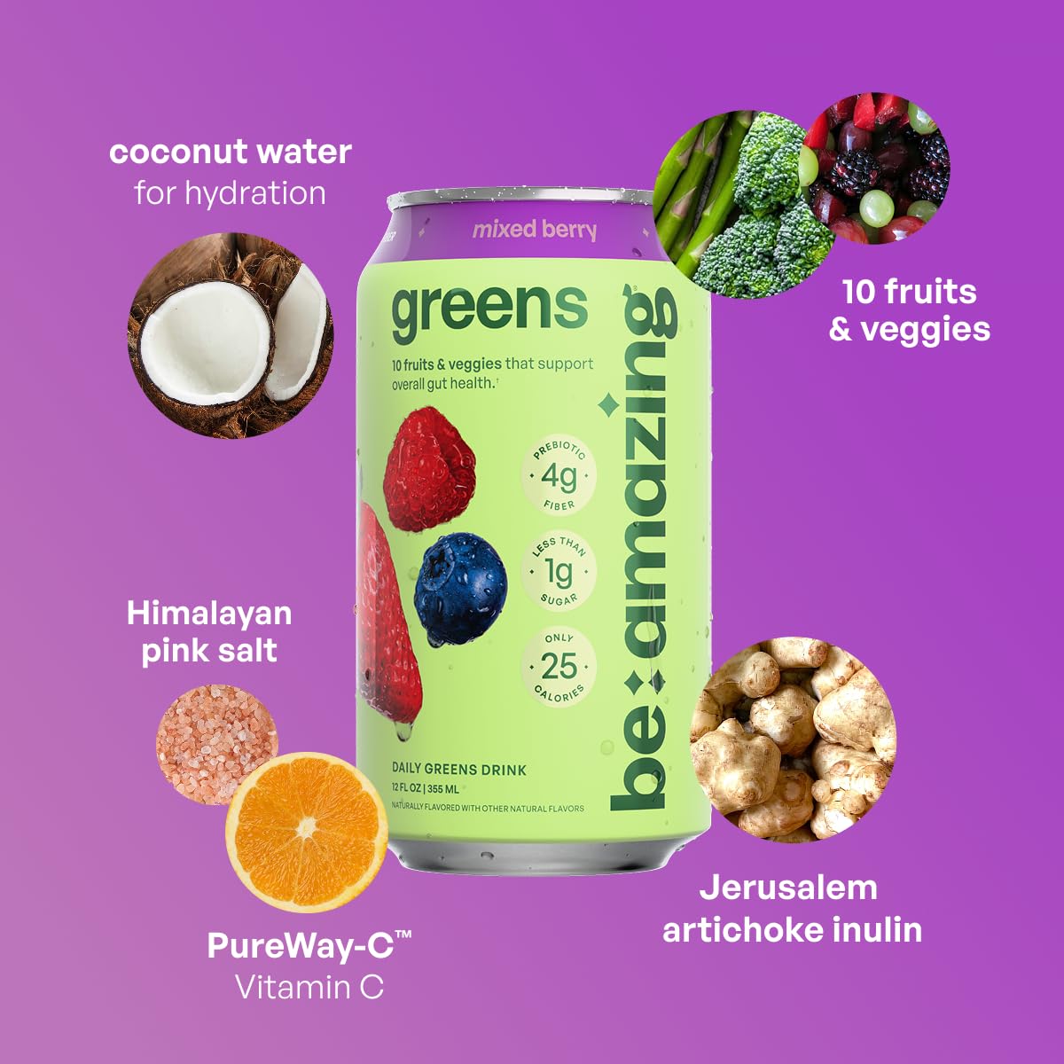 Be Amazing Greens Drink – Mixed Berry RTD, 10 Organic Fruits & Veg, 25 Calories