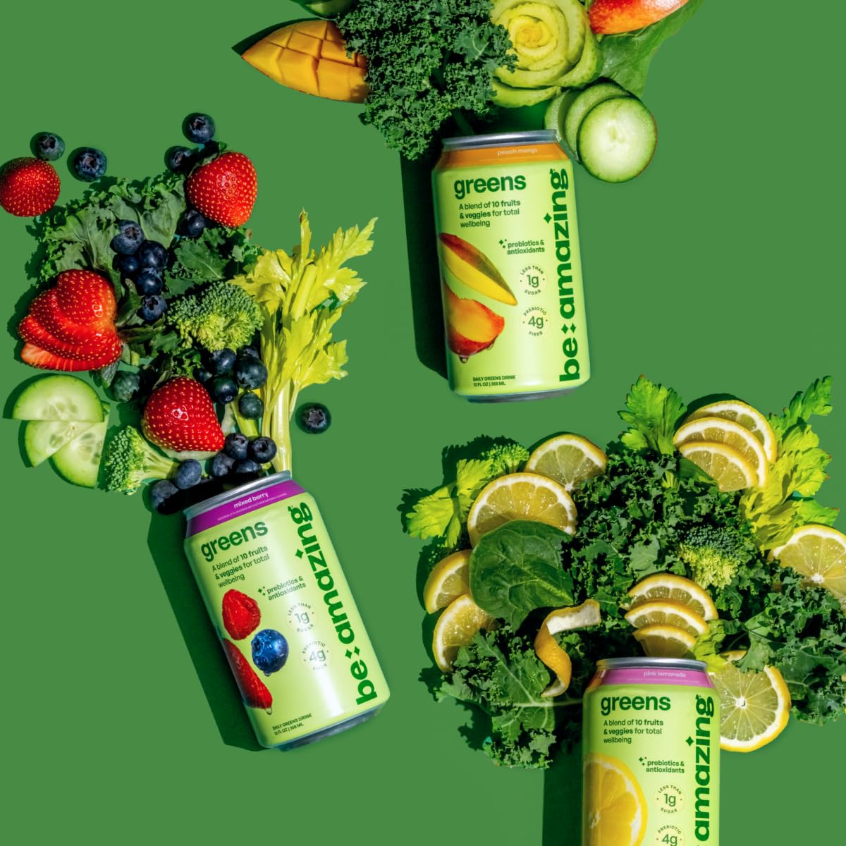 Be Amazing Greens Peach Mango Ready-to-Drink — 10 Organic Fruits & Vegetables, 25 Calories, Low Sugar, Vegan, On-the-Go