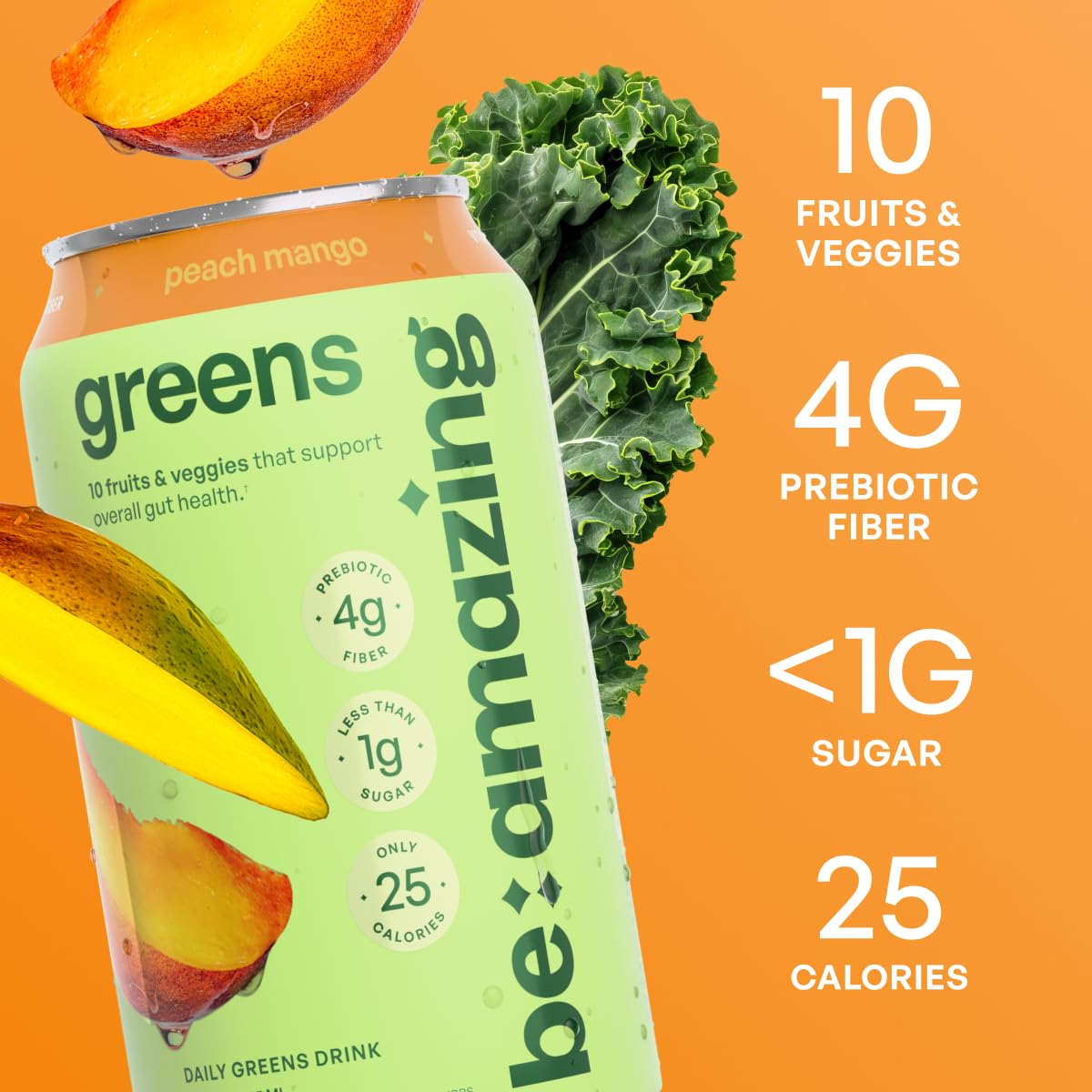 Be Amazing Greens Peach Mango Ready-to-Drink — 10 Organic Fruits & Vegetables, 25 Calories, Low Sugar, Vegan, On-the-Go