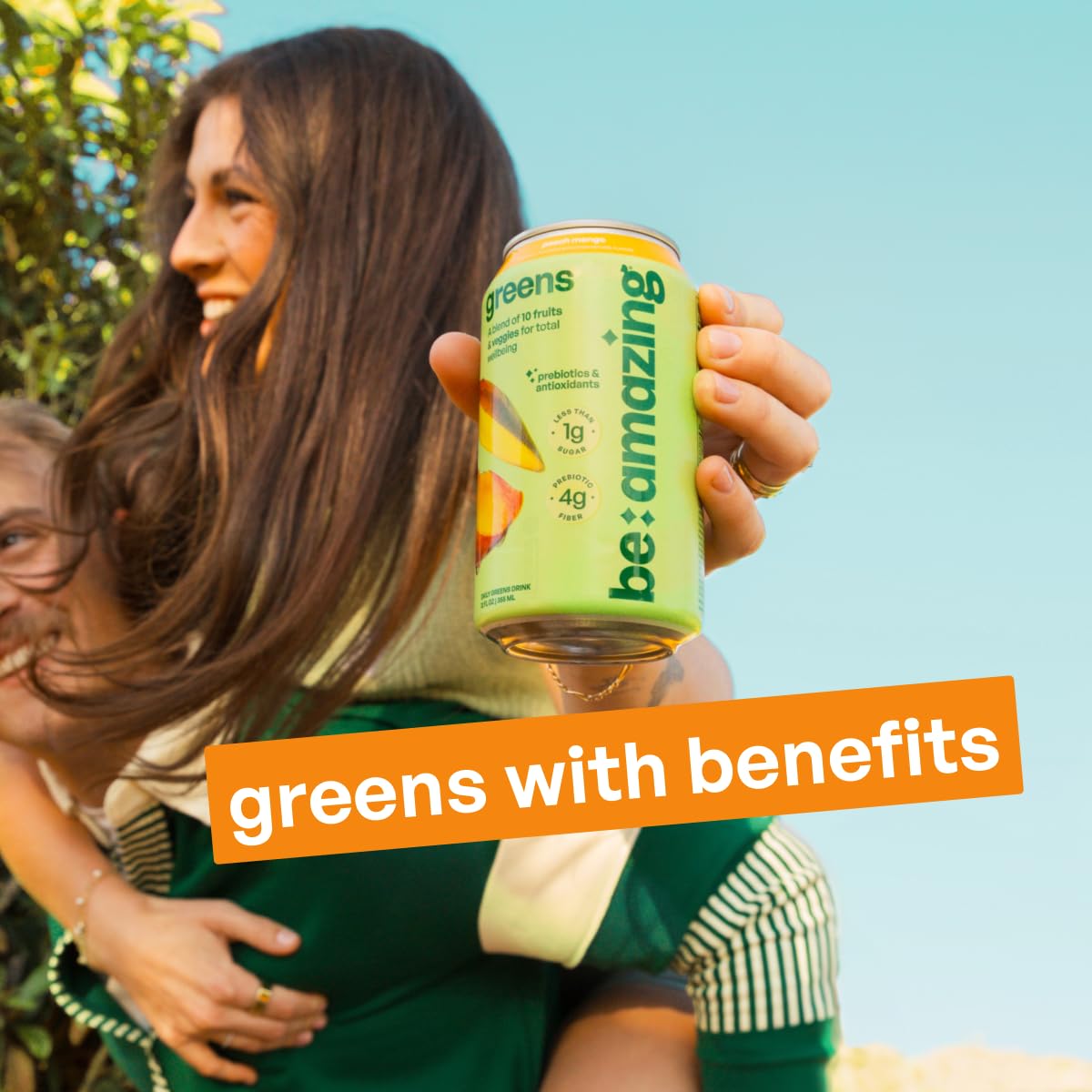 Be Amazing Greens Peach Mango Ready-to-Drink — 10 Organic Fruits & Vegetables, 25 Calories, Low Sugar, Vegan, On-the-Go