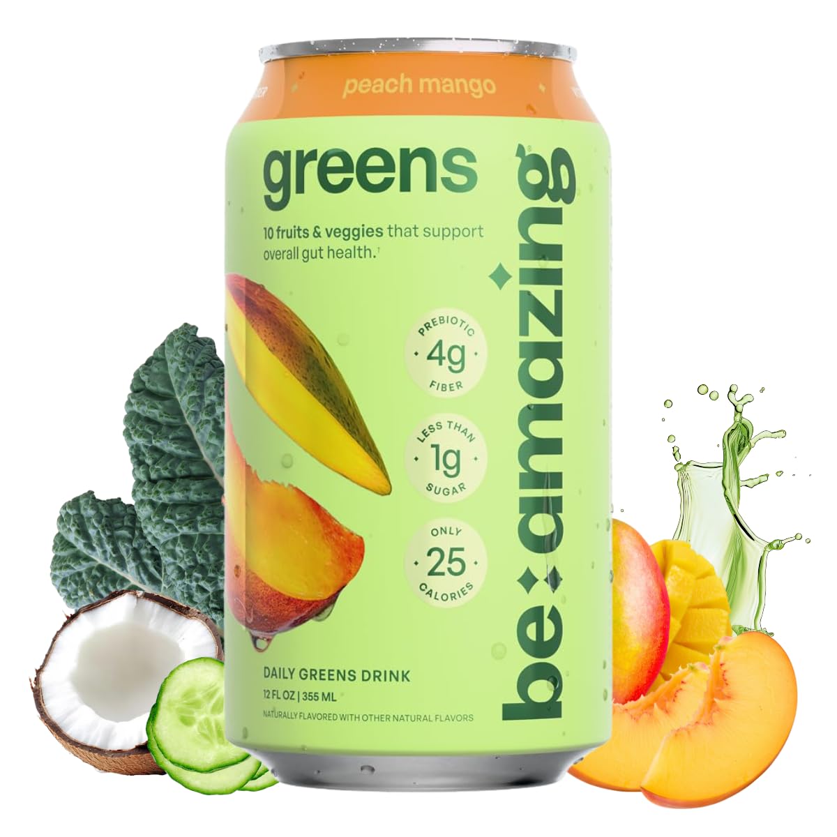Be Amazing Greens Peach Mango Ready-to-Drink — 10 Organic Fruits & Vegetables, 25 Calories, Low Sugar, Vegan, On-the-Go