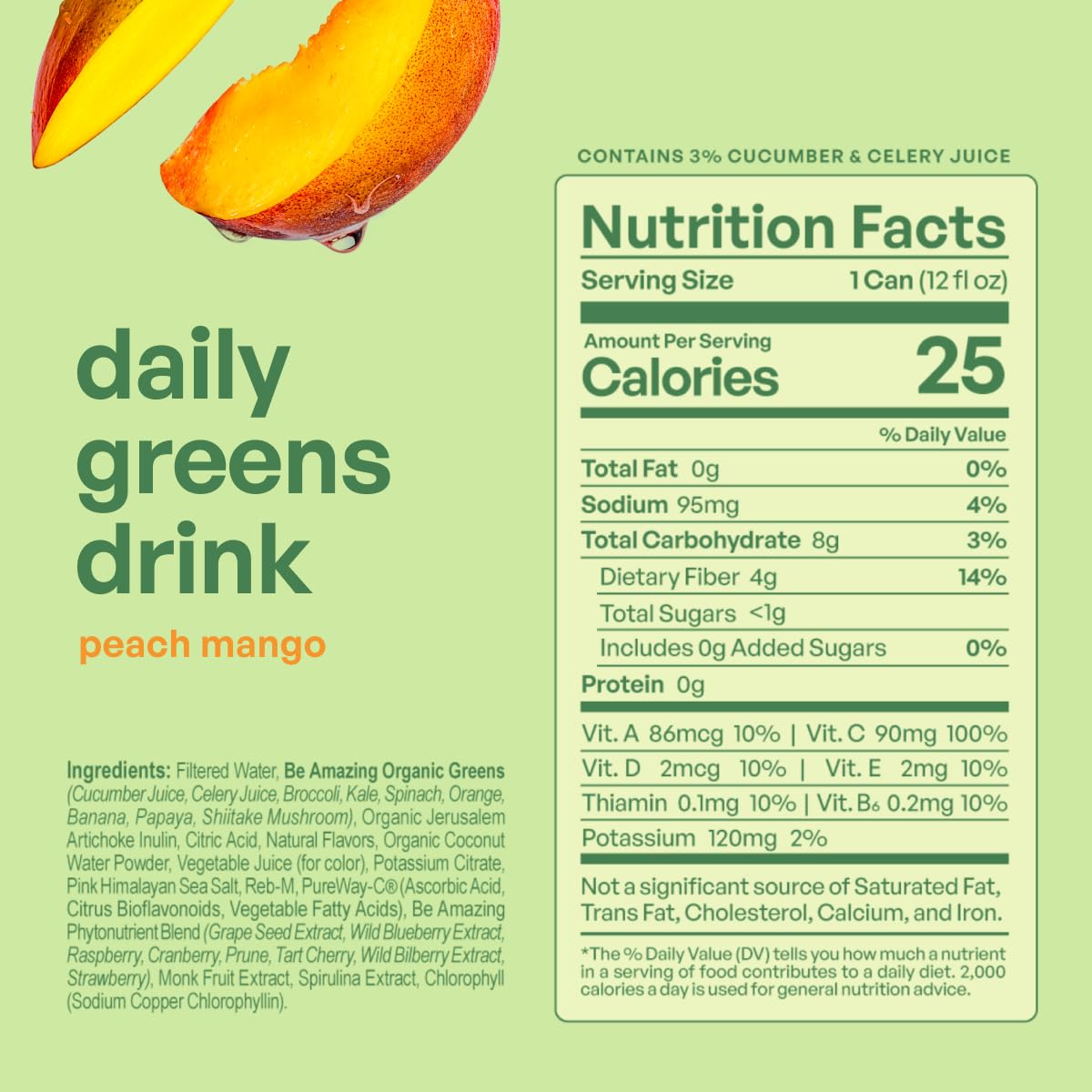 Be Amazing Greens Peach Mango Ready-to-Drink — 10 Organic Fruits & Vegetables, 25 Calories, Low Sugar, Vegan, On-the-Go