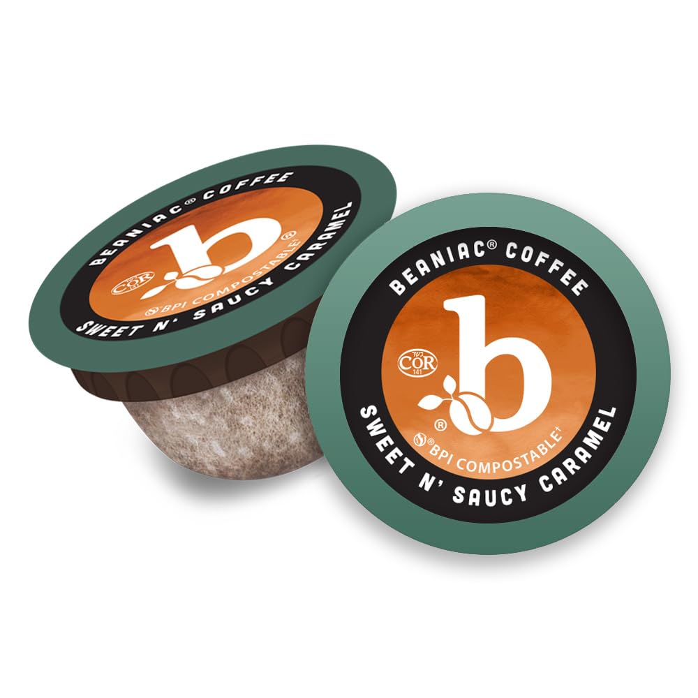 Beaniac Sweet n' Saucy Caramel Coffee Pods – Flavored Light Roast, Keurig Compatible, 30-Count, Compostable