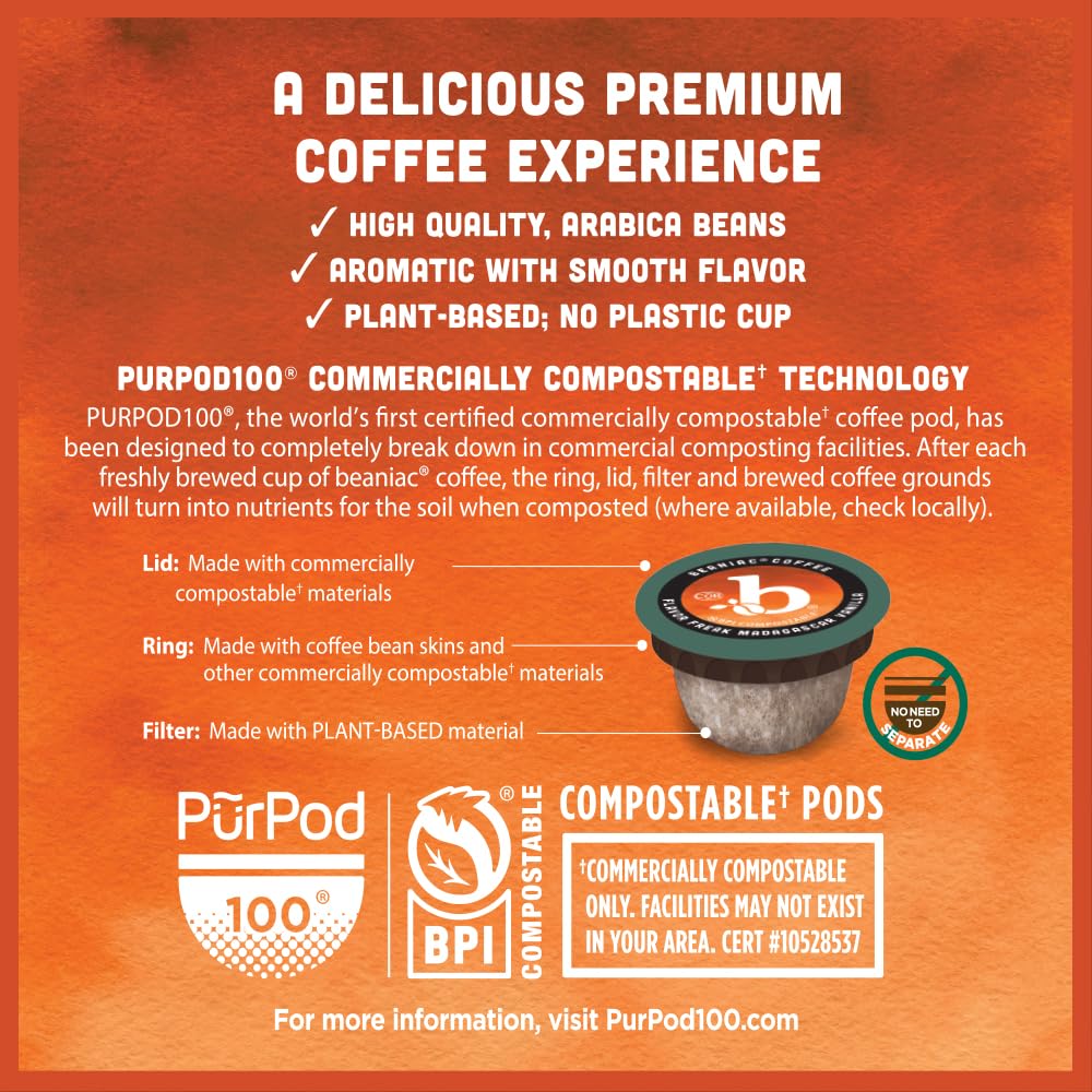 Beaniac Sweet n' Saucy Caramel Coffee Pods – Flavored Light Roast, Keurig Compatible, 30-Count, Compostable
