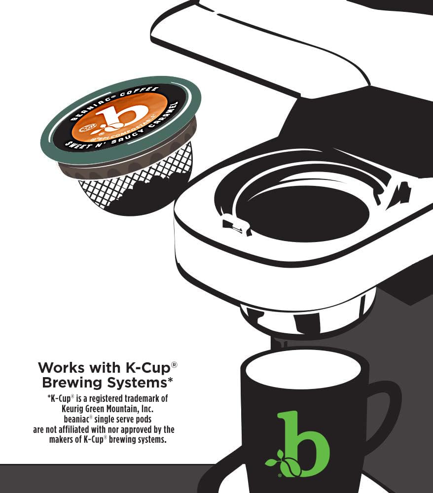 Beaniac Sweet n' Saucy Caramel Coffee Pods – Flavored Light Roast, Keurig Compatible, 30-Count, Compostable
