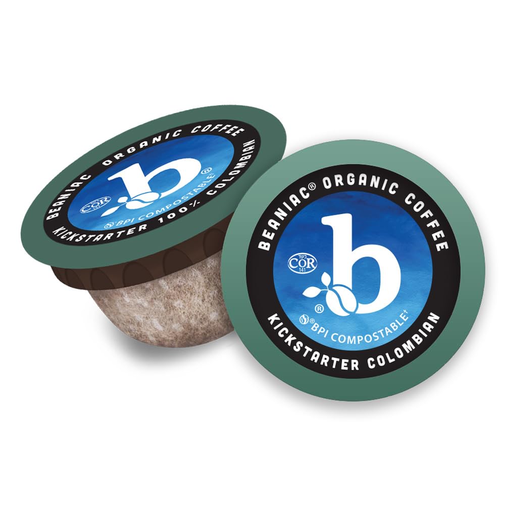 Beaniac Organic Kickstarter Colombian Coffee Pods – Medium-Light Roast, Compostable K-Cups, Keurig Compatible (30 Count)
