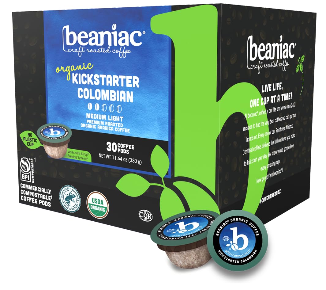 Beaniac Organic Kickstarter Colombian Coffee Pods – Medium-Light Roast, Compostable K-Cups, Keurig Compatible (30 Count)