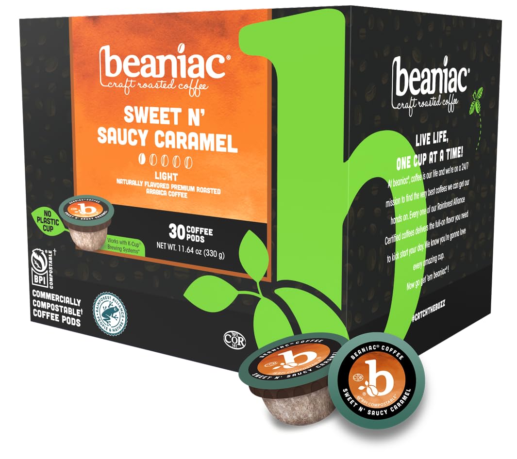 Beaniac Sweet n' Saucy Caramel Coffee Pods – Flavored Light Roast, Keurig Compatible, 30-Count, Compostable
