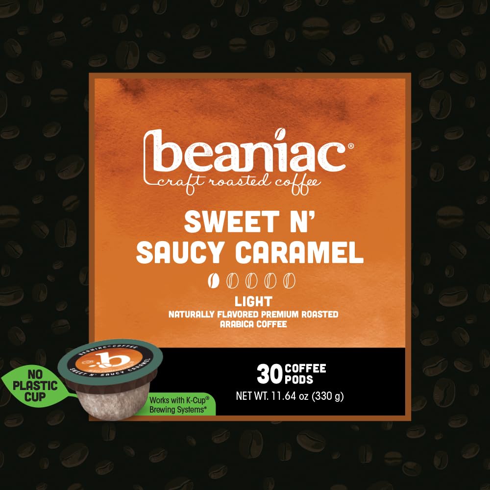 Beaniac Sweet n' Saucy Caramel Coffee Pods – Flavored Light Roast, Keurig Compatible, 30-Count, Compostable